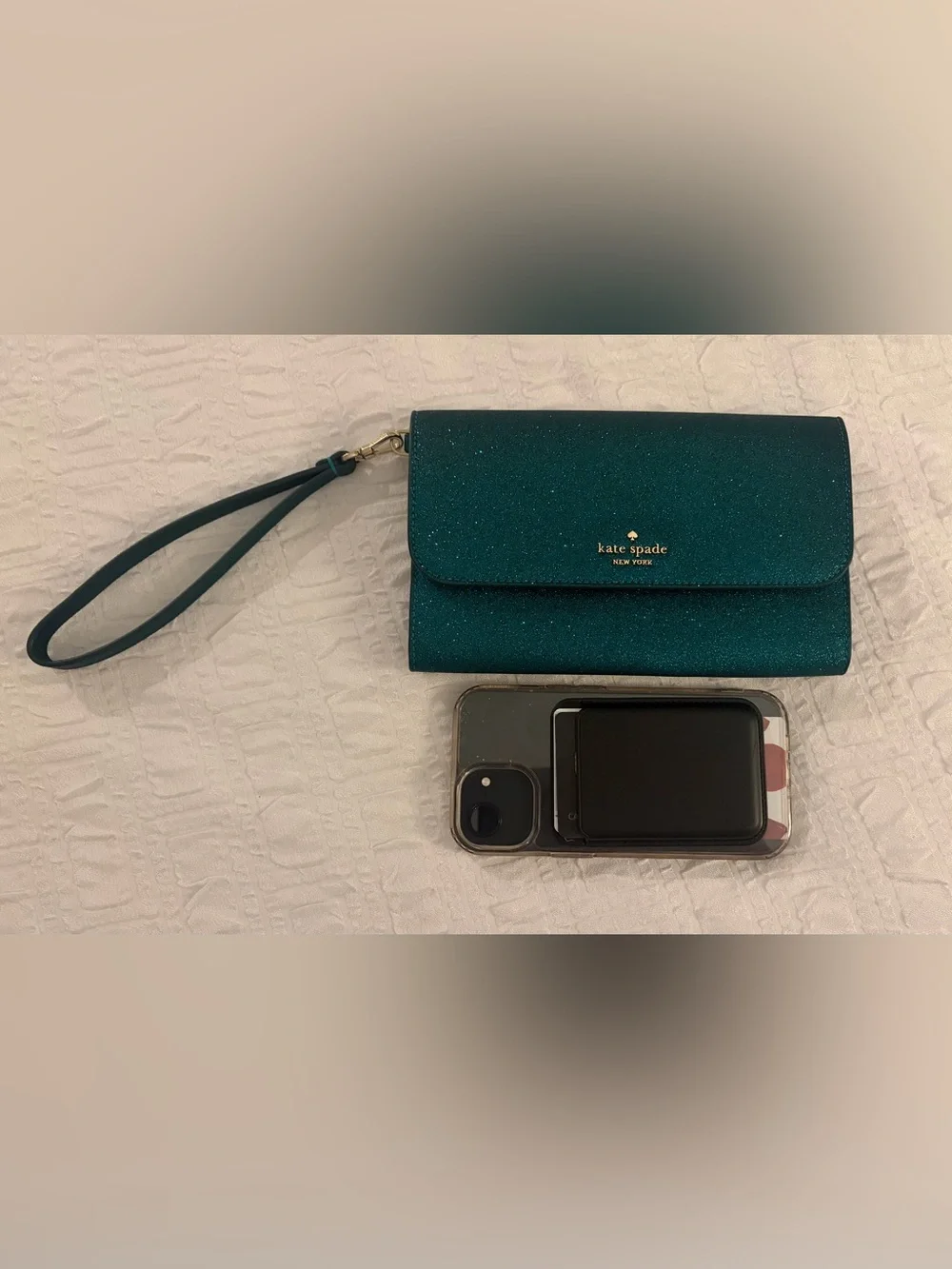 NWOT Kate Spade Glimmer Medium Flap Wristlet - Festive Teal Glitter